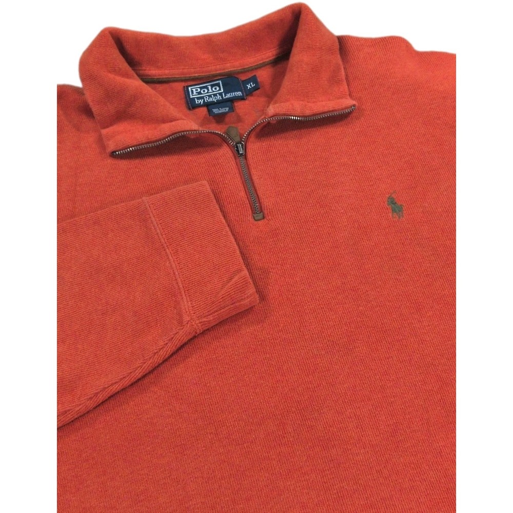Vintage Polo Ralph Lauren 1/4 Zip Sweater Mens XL Orange Ribbed Cotton Pullover